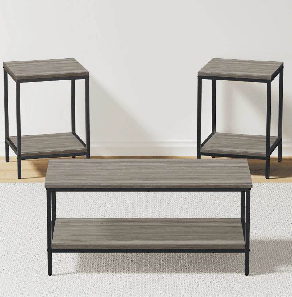 joz 3-piece coffee table set for living room, end table set with storage, includes 1 coffee table and 2 end tables, rock gray