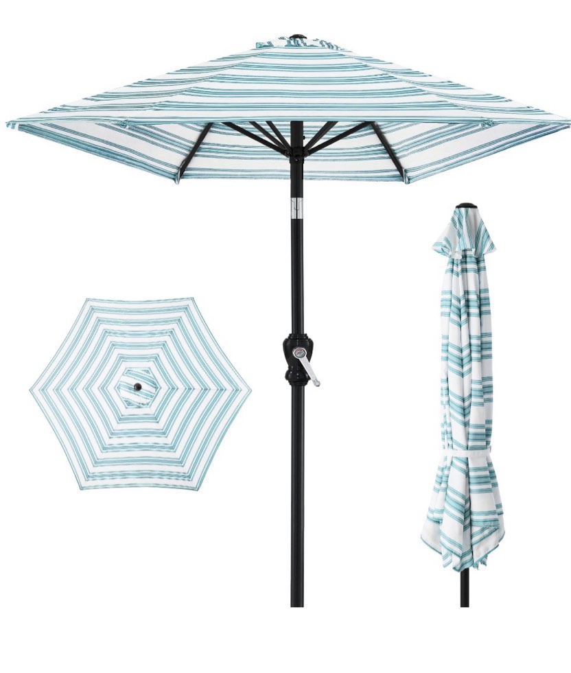 best choice products 10ft outdoor steel market patio umbrella w/ crank, tilt push button, 6 ribs - striped sky blue