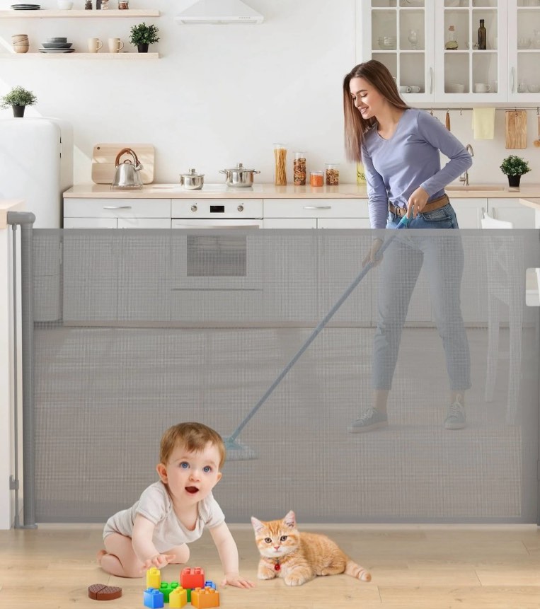 Vomeast Retractable Safety Gate,Extends up to 71in Wide,37.4in Tall Baby Safety Gates Dog Gate for Doorways Stairs(Grey)