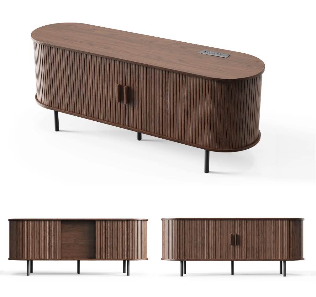 Marnur 55" Tv Stand For 60" Tv, Wood Entertainment Center With Storage And Shelves, 2 Sliding Tambour Doors, Mid-Century Modern