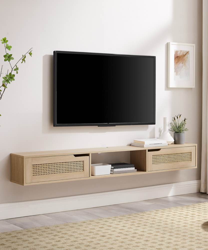 70 in. Modern Floating Coastal Oak Wood TV Stand with 2 Faux Rattan Doors (Max TV Size 80 in.)