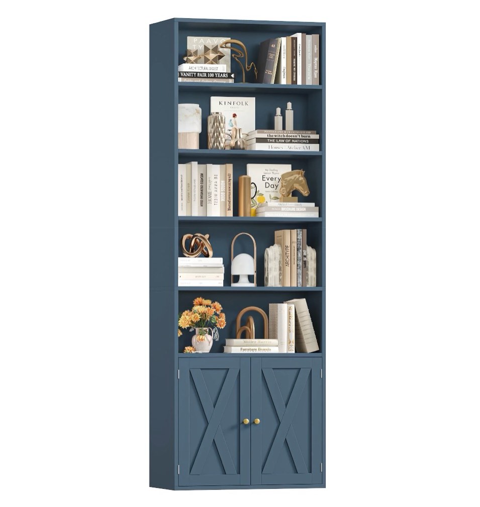 Hiphuta 81.5" Tall Bookcase with Doors, 5-Tier Bookshelves with Storage, 23.6"W Display Shelf with 2 Doors for Home Office, Living Room, Blue