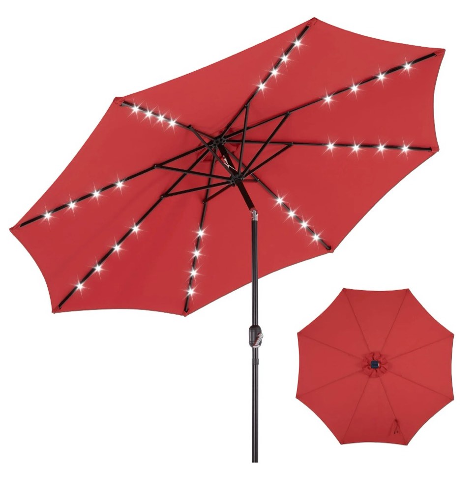 edx 10ft Solar 32 LED Lights Patio Umbrella with Tilt Adjustment and UV-Resistant Polyester Fabric?Market Umbrella for Outdoor, Red