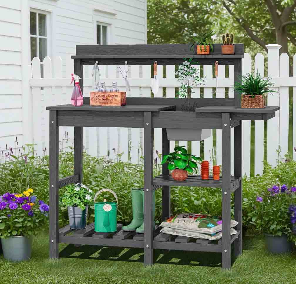 SERWALL Potting Bench Outdoor Potting Table with Sink  HDPE Material All Weather Use- Gray