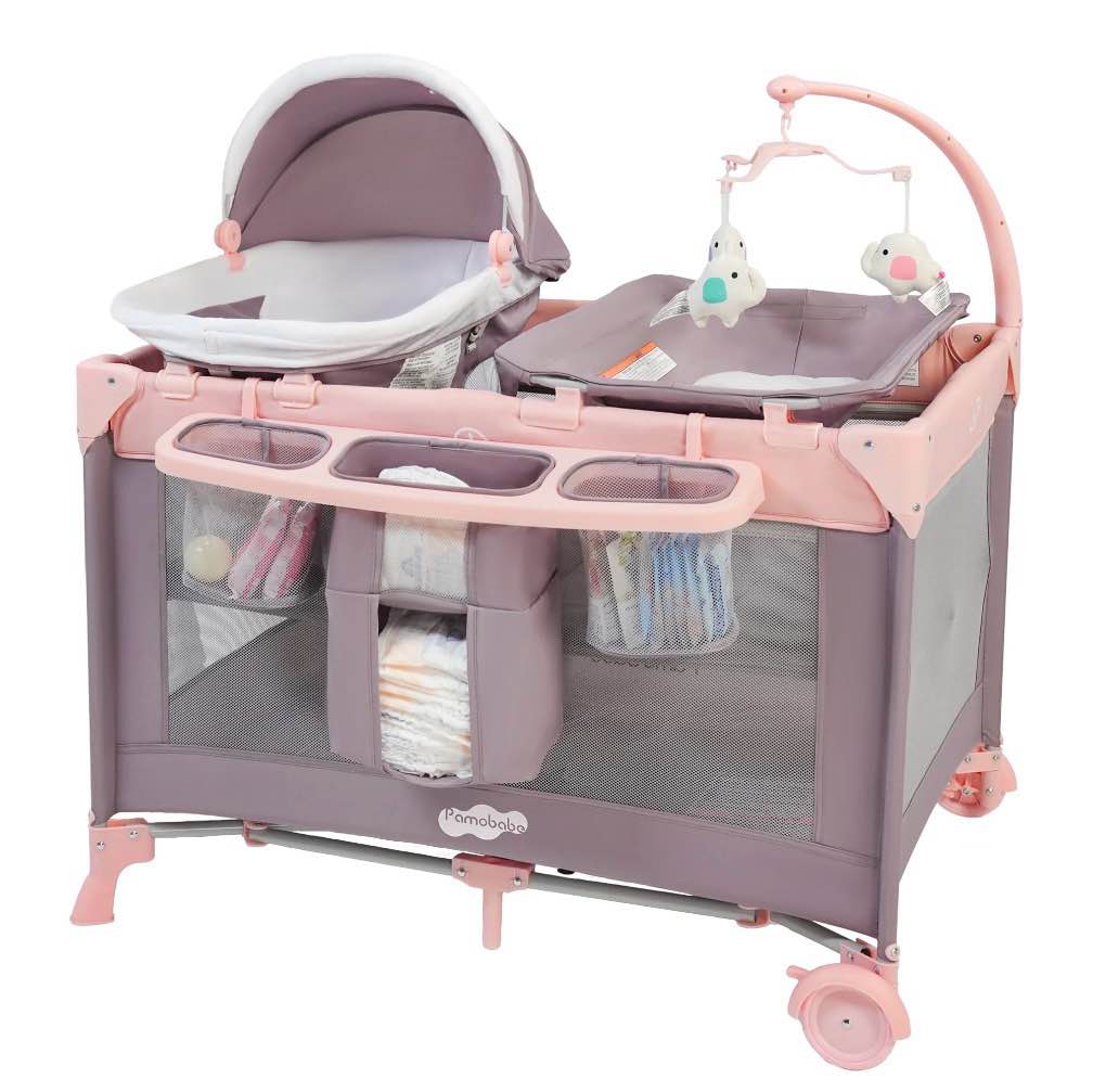 Pamo Babe 4-in-1 Baby Playard with Bassinet & Changing Table for Newborn,4-Panels Playpen