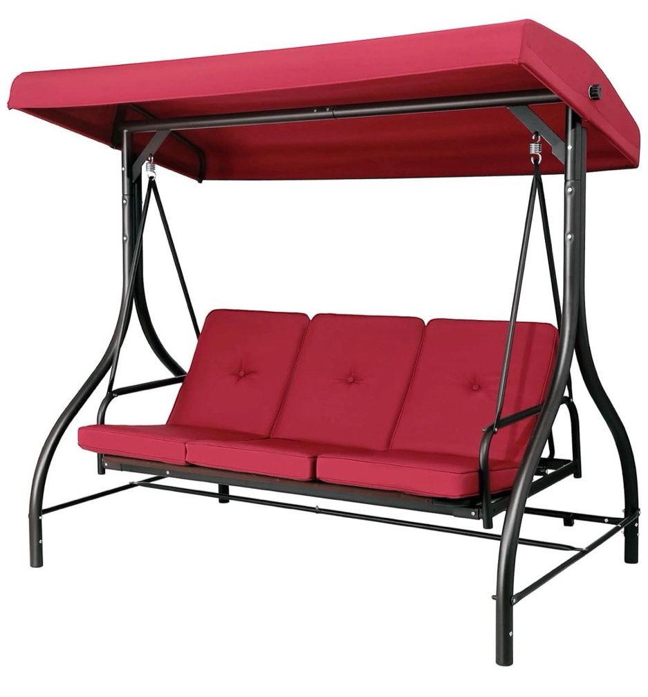 Pirecart 3 Person Patio Porch Swing Outdoor Converting Swing Glider Hammock with Adjustable Canopy  Cushions  Red