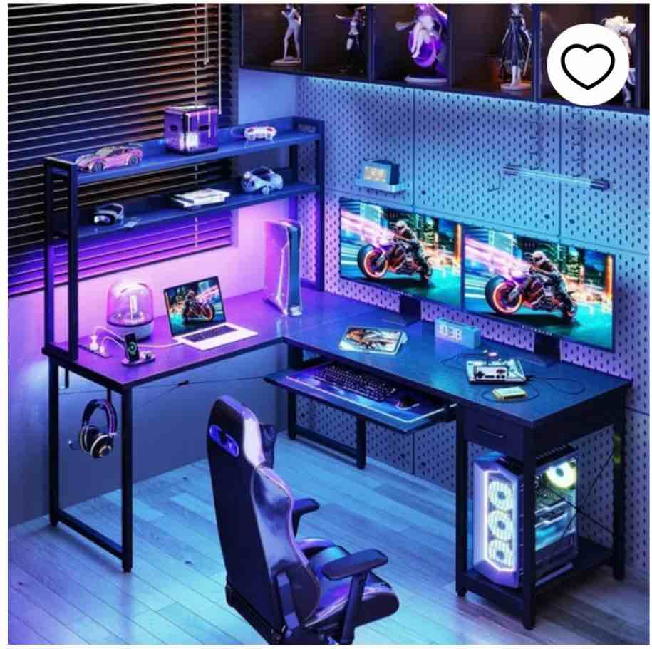 Capri  52 L model DESK2408BRON-130 Reversible L-Shaped Gaming Desk with Power Outlets & Office Desk with Storage Drawer