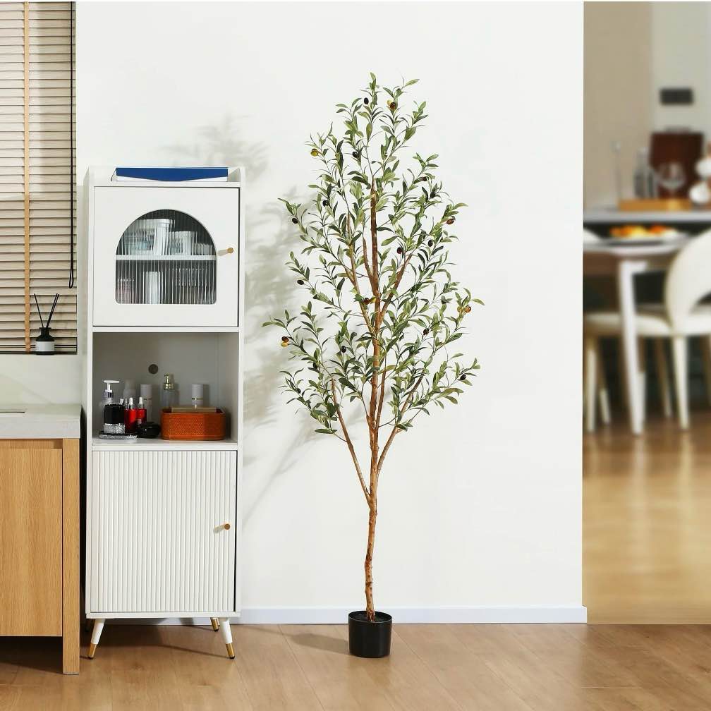 2 pack 6 ft artificial olive plants with realistic leaves and natural trunk, silk fake olive tree in black plastic pot, faux olive tree for office home