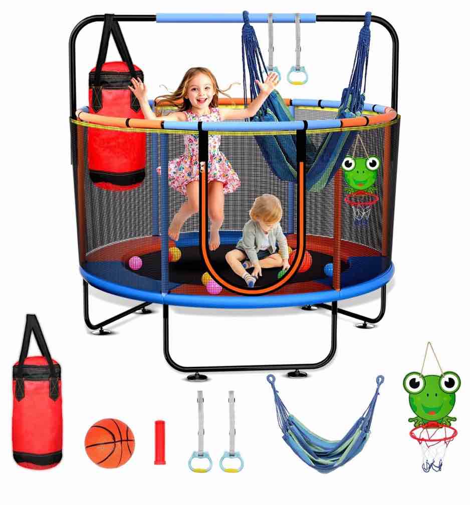 skyhot 55" indoor outdoor mini round trampoline for kids with enclosure net and basketball hoop