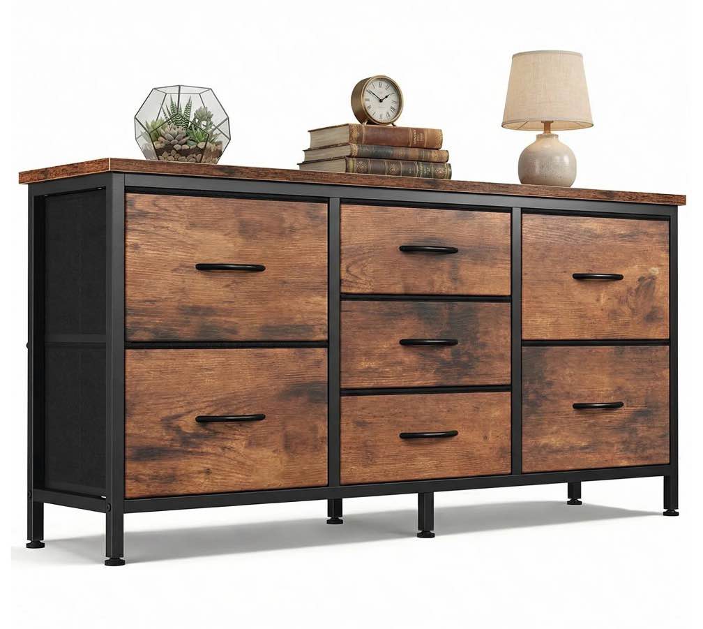 edx 7 drawer dresser for bedroom, 47.2" fabric drawers with wood top metal frame, storage organizer for closet, hallway & living room, rustic brown