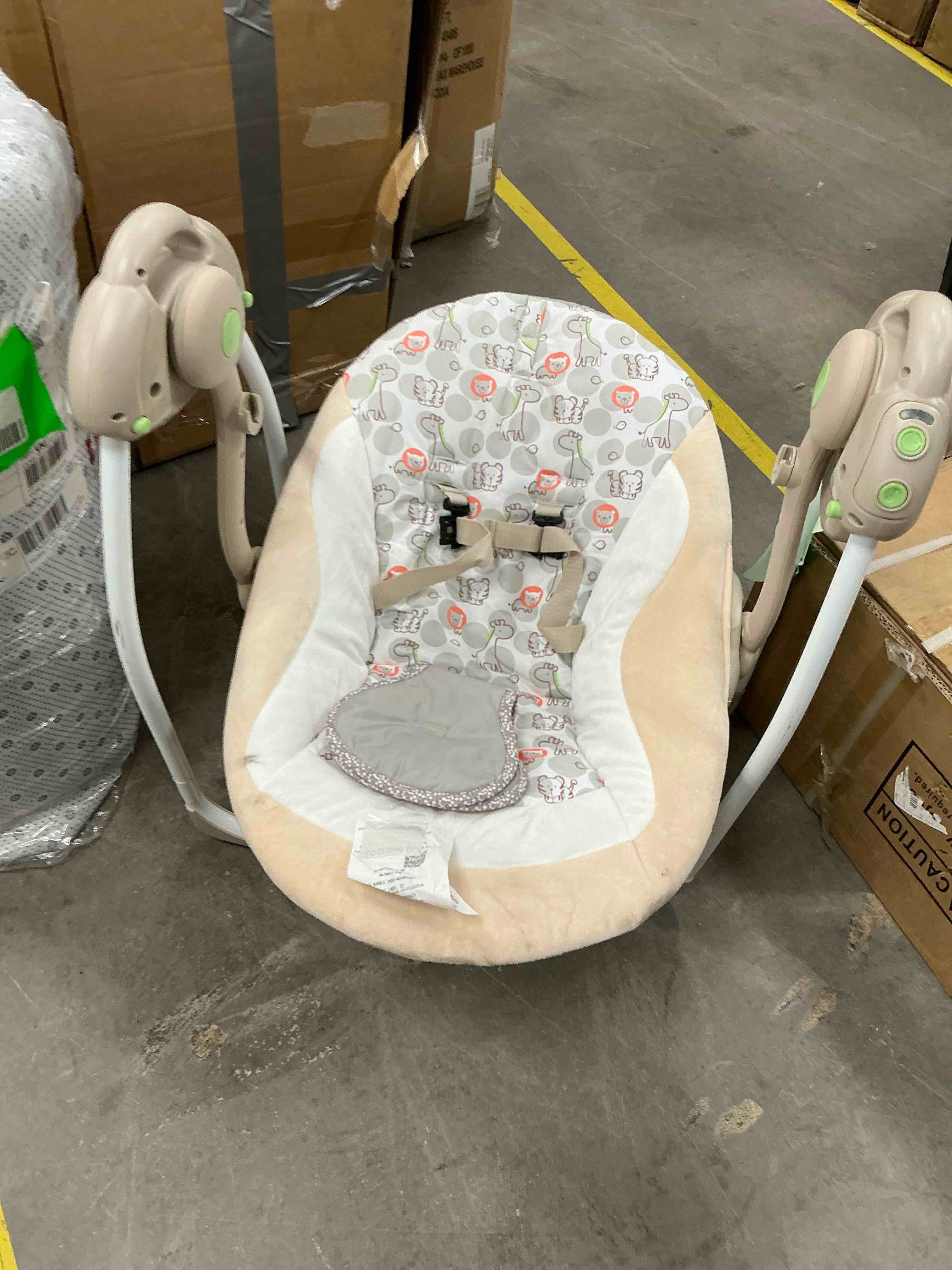 Condition photo showing As Is for electric baby swing for infants  baby portable swing with intelligent music vibration box  load resistance: 6-25 lb  applicable object: 0-9 months for infants.