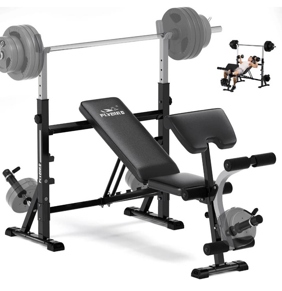 flybird standard weight bench with preacher curl, leg developer, chest & shoulder rack