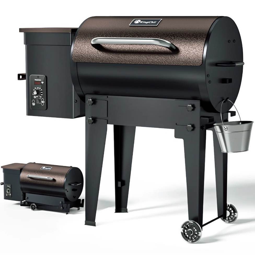 kingchii 456 sq. in wood pellet smoker & grill bbq with auto temperature control, folding legs for outdoor patio rv, bronze 39" x 35"