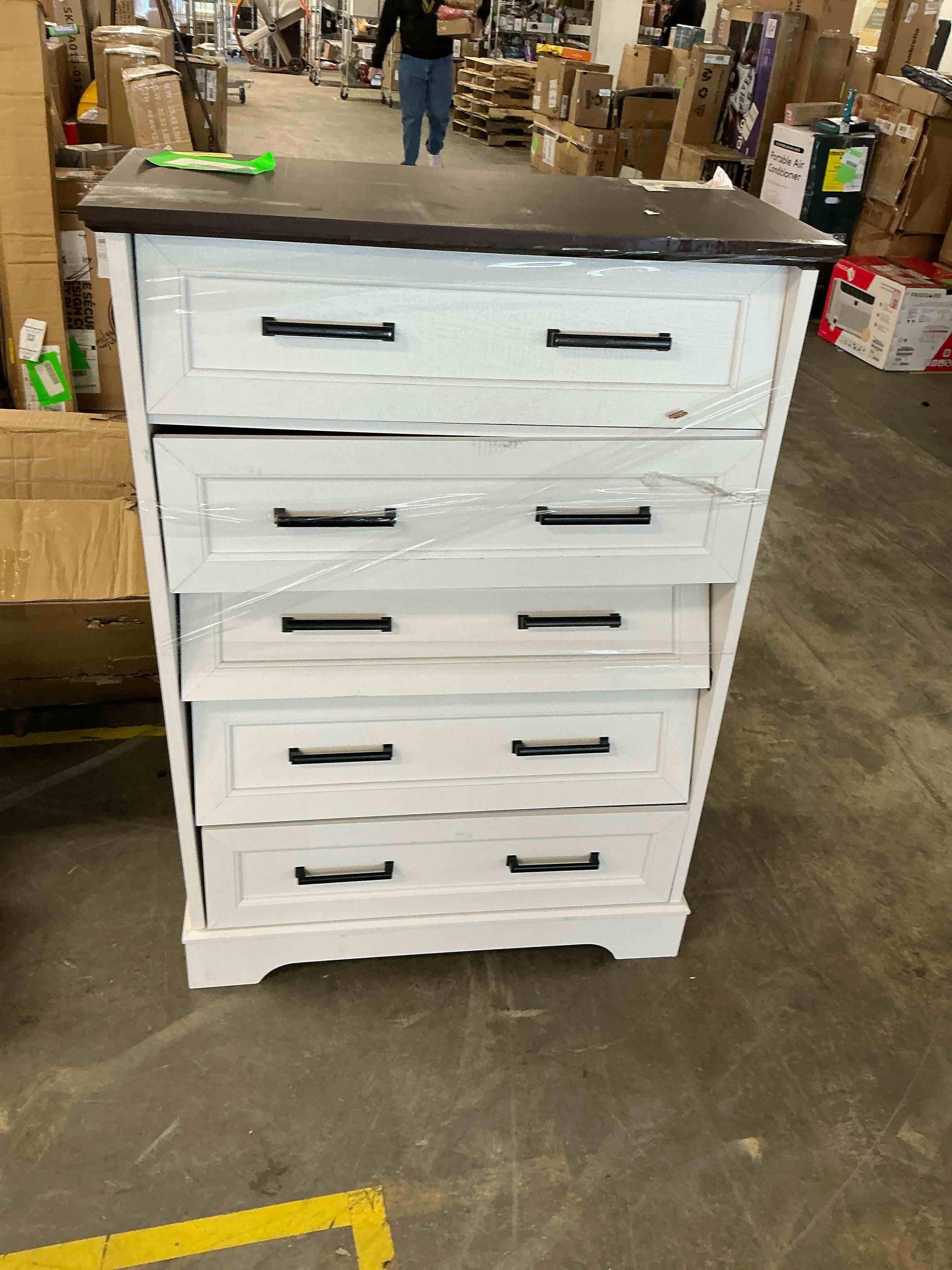 Condition photo showing As Is for homall modern 5-drawer dresser chest, storage cabinet organizer with handles for bedroom, living room, closet, hallway,white and brown