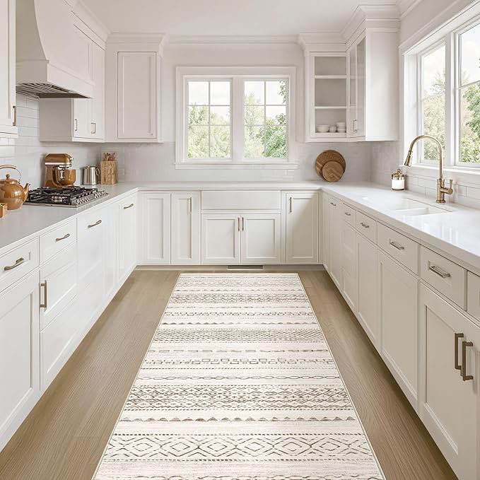 nakagishi runner rug kitchen washable rugs: 2x6 non-slip boho soft modern stain resistant indoor floor neutral farmhouse throw carpet for hallway bathroom laundry room entryway bedroom- brown