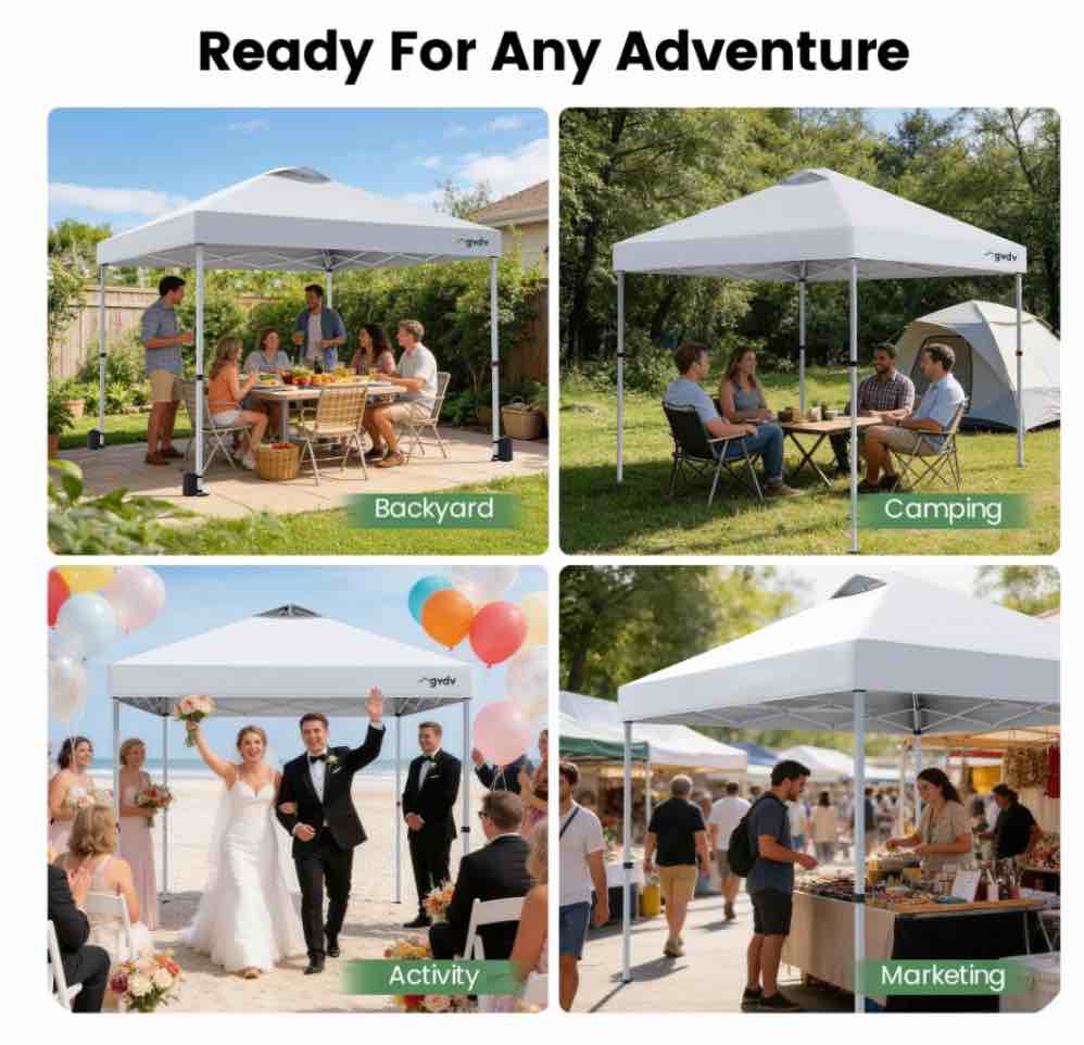 Condition photo showing New/Like New for gvdv 10x10 pop up commercial canopy tent waterproof & portable outdoor shade with air vent wheeled bag white