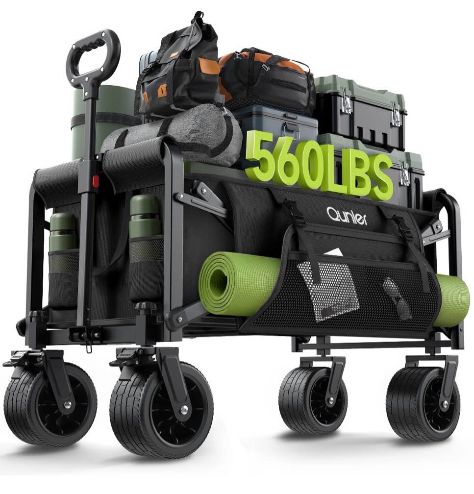 qunler 560lbs large collapsible folding wagon with oversized tank wheels, heavy duty big bucket utility garden cart with side pocket for sports, shopping, camping, kids, black