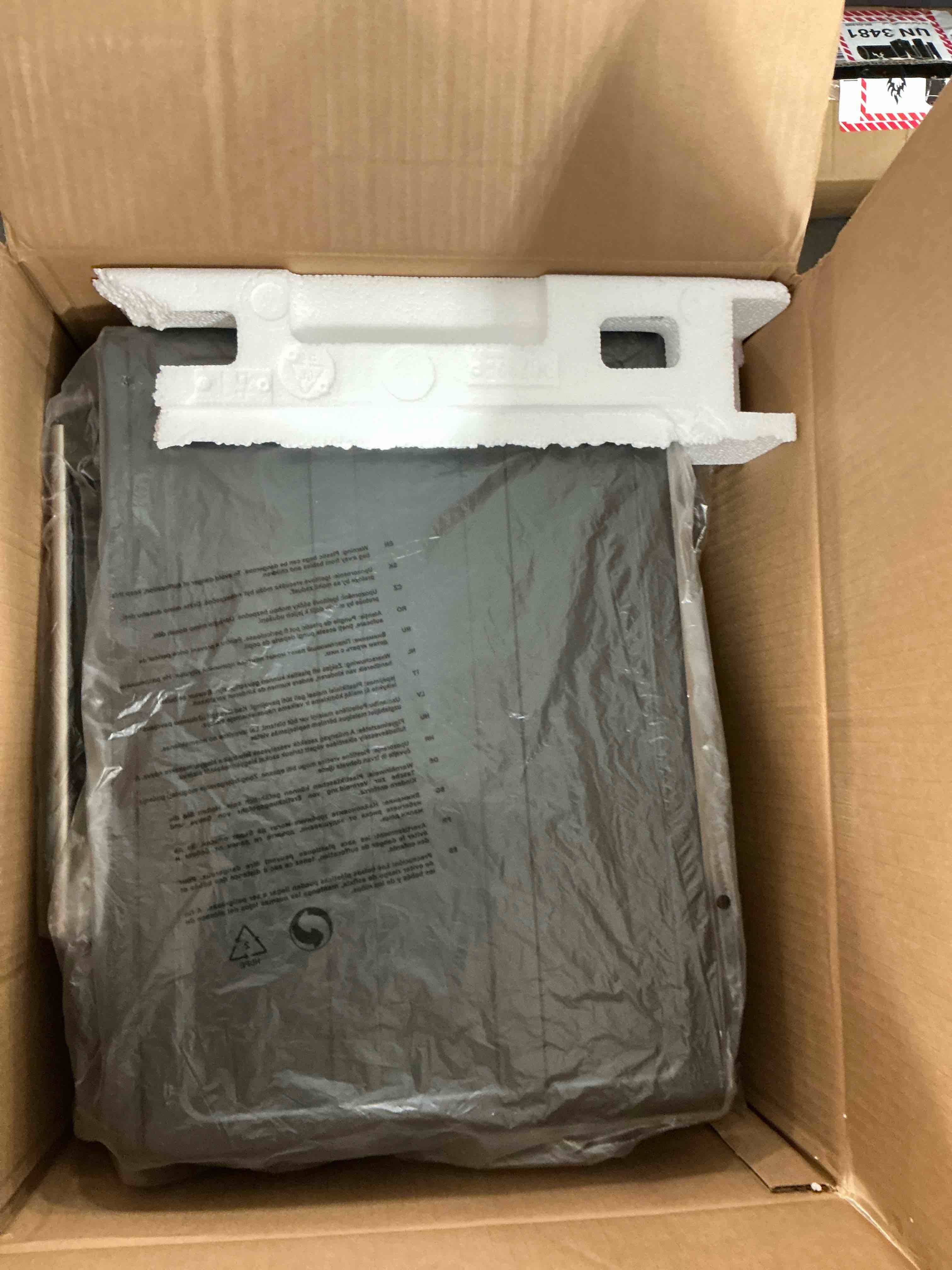Condition photo showing New/Like New for 34 qt super-large air fryer, electric toaster oven countertop, pizza, warm, broil, toast, bake, air fry, 1500w, 5 functions, 85% oil-less