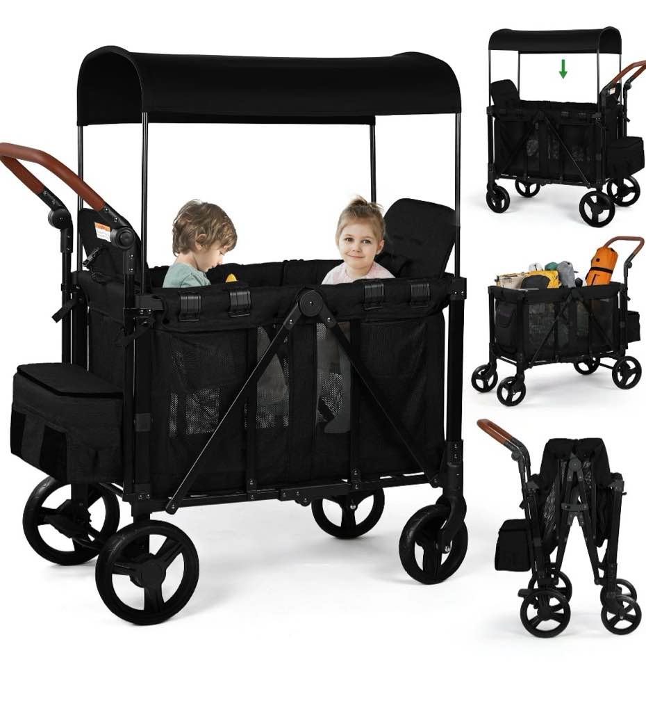 vomeast wagon stroller for 2 kids, 3-in-1 outdoor baby stroller wagon with canopy, 5-point harness, adjustable handlebars, removable seat for toddlers, black