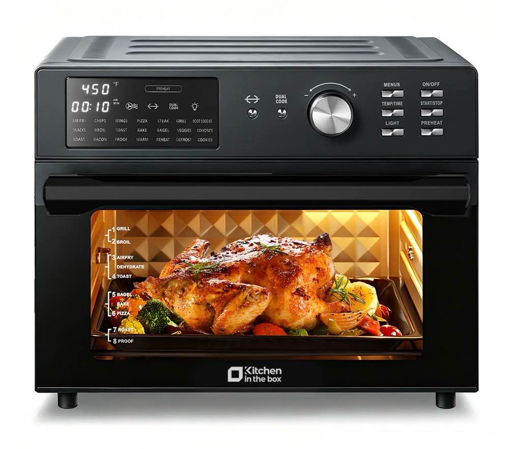 kitchen in the box 32qt digital air fryer toaster oven combo, 21-in-1 convection oven with rotisserie & dehydrate, family-size countertop oven with 6 accessories, 1800w, black