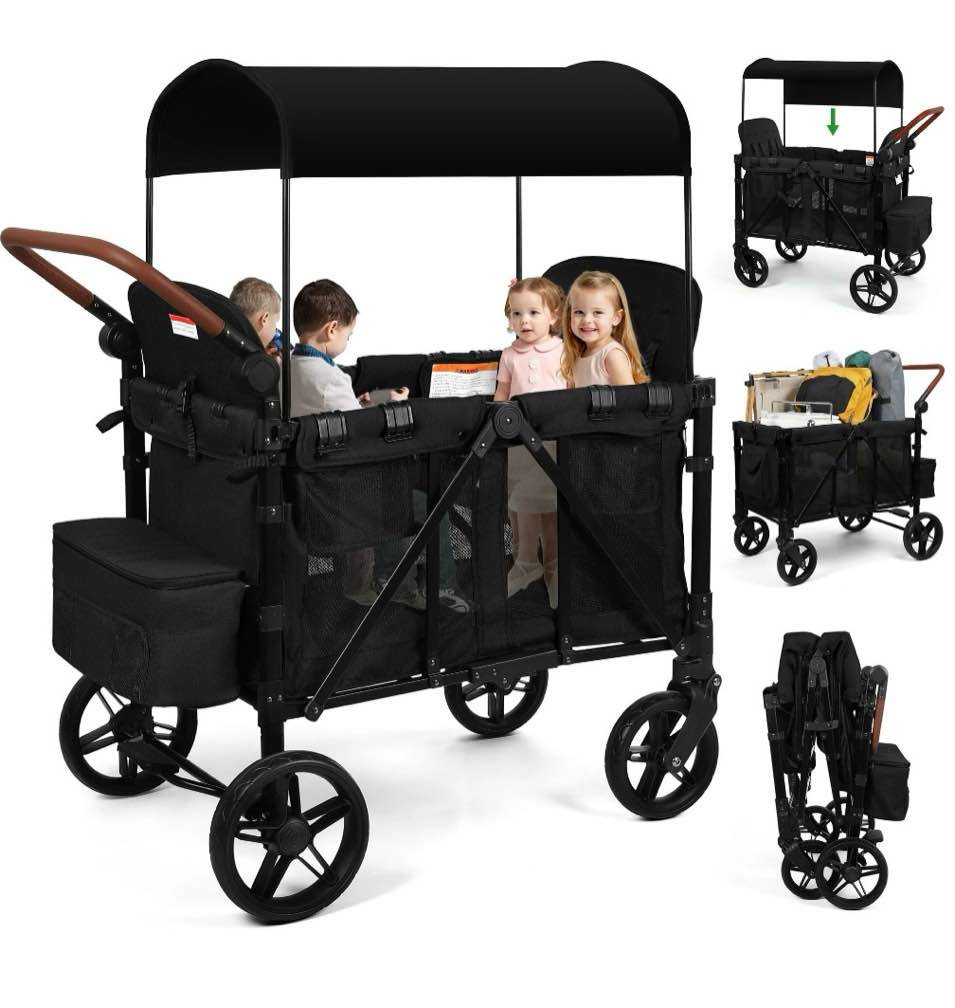 vomeast wagon stroller for 4 kids, 3-in-1 outdoor baby stroller wagon with canopy, 5-point harness, adjustable handlebars, removable seat for toddlers, black