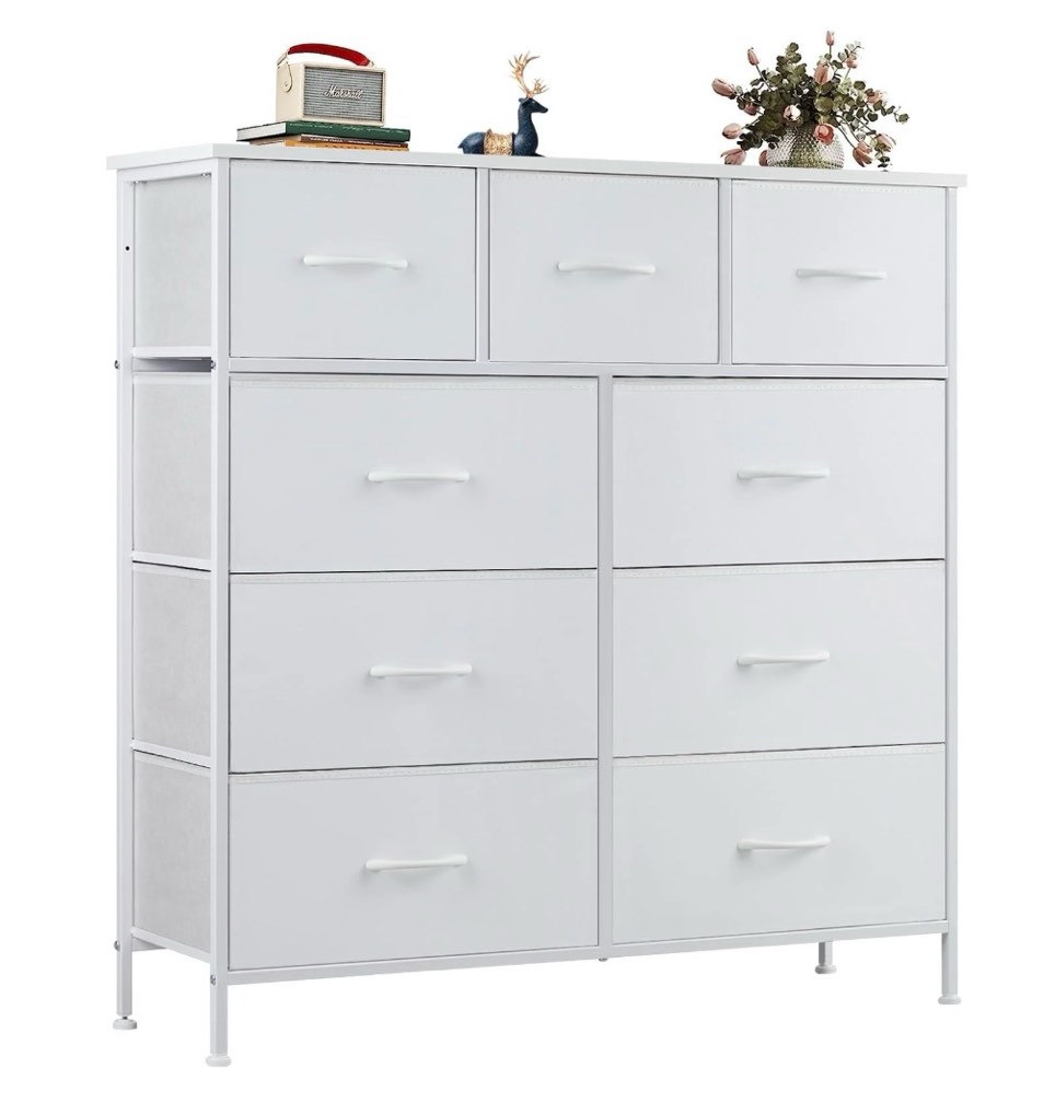 edx fabric storage dresser with 9 drawers, steel frame and wooden top for bedroom, closet and entryway , white