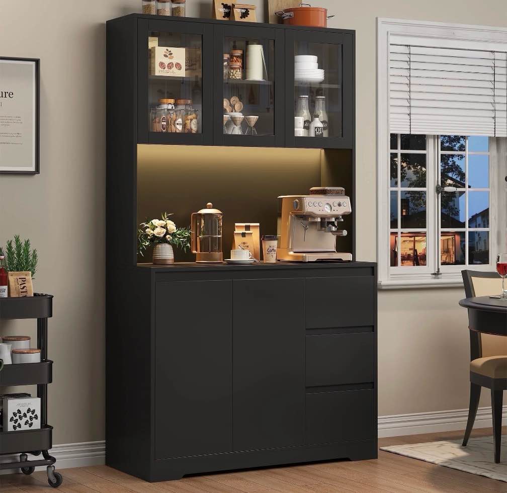 homfa 70.9'' kitchen pantry cabinet with charging station and led light, 3 drawers buffet storage cabinet with glass doors and adjustable shelves, bla