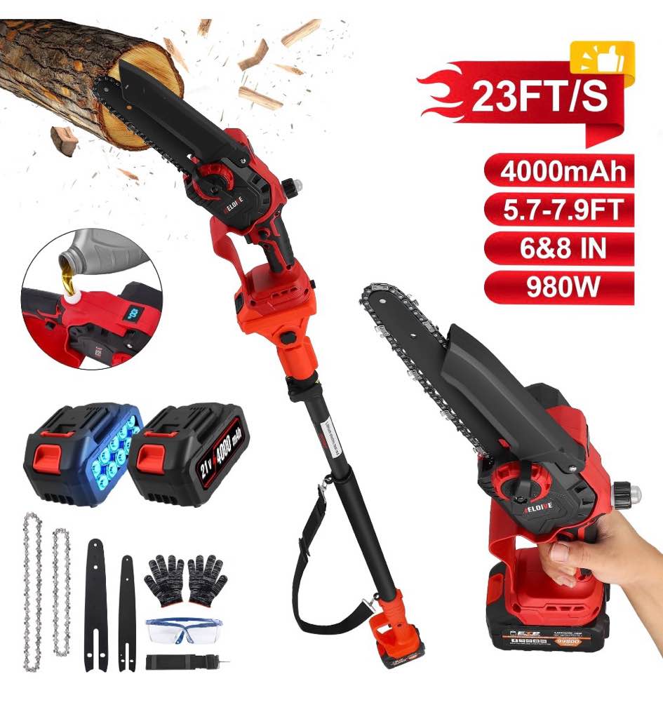 reloive 2-in-1 cordless pole saw & 6"&8" mini chainsaw with, 5.7-7.9ft telescoping branch cutter with 2pcs 4000mah batteries and a charger, brushless electric pole saw for tree trimming, wood cutting