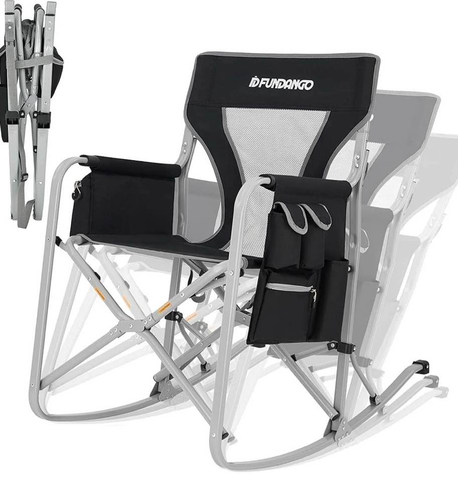 fundango black folding rocking camping chairs for adults, outdoor foldable rocking chair for camping, rocker supports up to 300lbs, heavy duty portable camping chairs for outside, black-grey