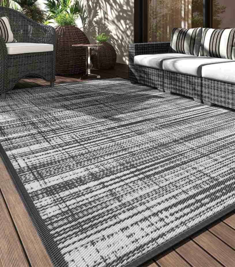 vunate outdoor rug carpet 9 x12  waterproof reversible patio rug portable modern abstract indoor outdoor rug plastic straw rug for rv camping garden picnic deck backyard porch decor gray and white