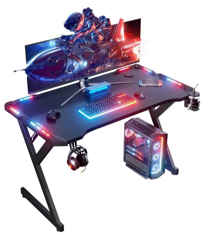 hldirect 40 inch gaming desk with led lights, ergonomic gaming table, computer desk, black