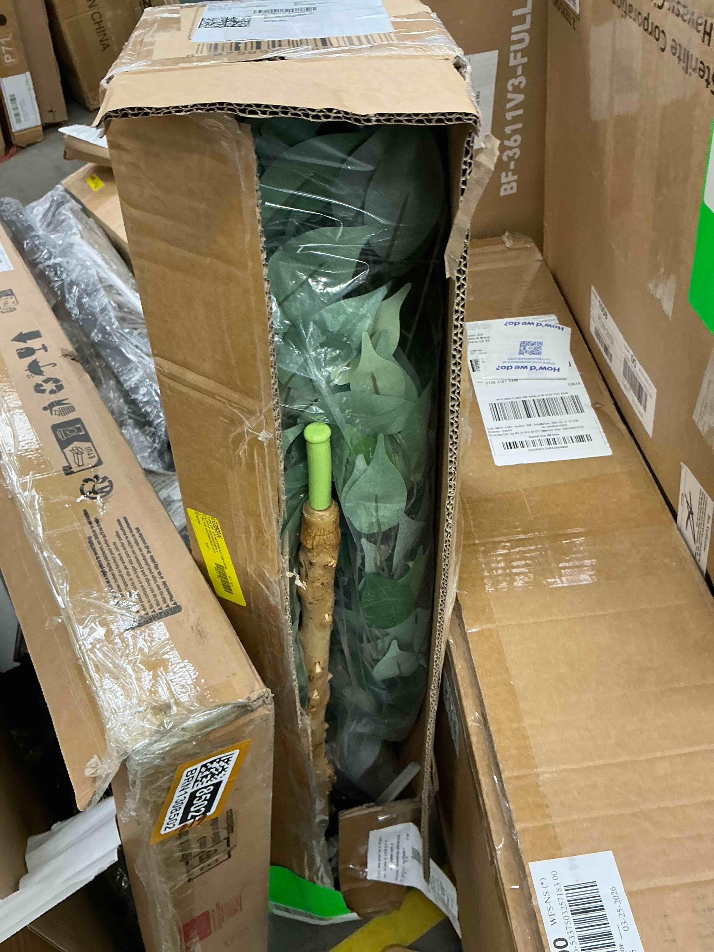 Condition photo showing New/Like New for 7ft artificial ficus tree with natural wood trunk and lifelike leaves, silk fake potted tree with wood branches, faux tree for office home decor