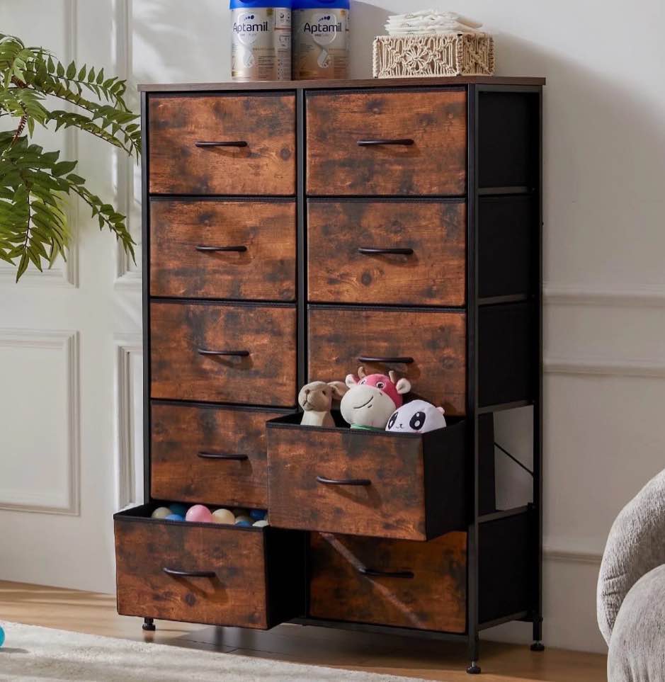 edx 10 drawer fabric dresser for bedroom, chest of drawer organizer storage cabinet for closet, entryway, rust brown