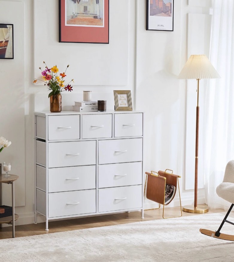 edx fabric storage dresser with 9 drawers, steel frame and wooden top for bedroom, closet and entryway , white