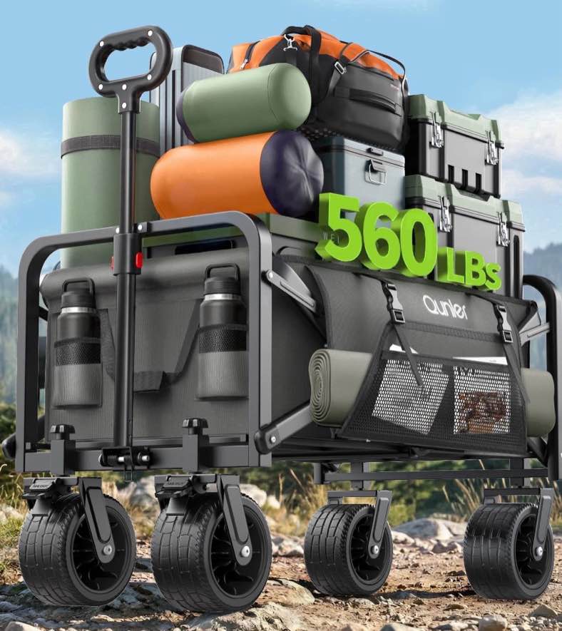 qunler collapsible wagon cart foldable with side pocket, 560lbs folding utility wagon with tank wheels for camping, shopping, grocery, garden, grey