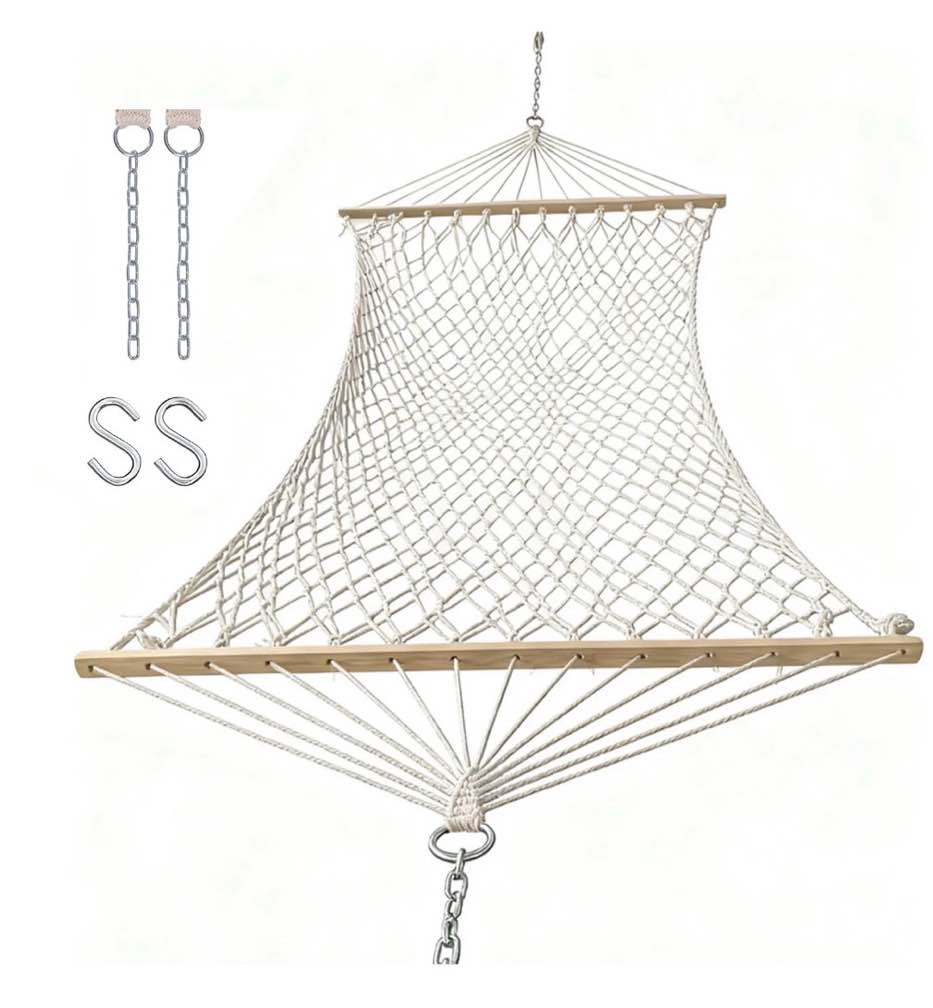 bn-link cotton rope hammock,handwoven hammock with hardwood spreader bars,double hammock for outdoor backyard patio poolside,330lbs weight capacity, natural