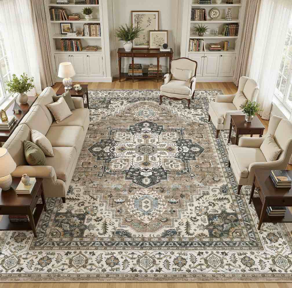 uermei 10 x14  large area rugs for living room  non-slip washable vintage indoor rug for bedroom dining room office  soft low pile floral rug home decor carpet  brown beige