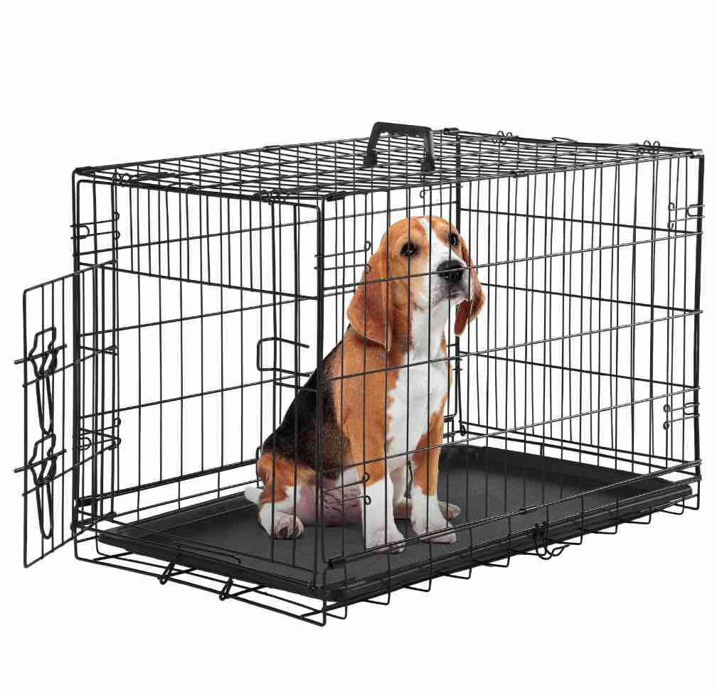 concetta 30inch medium single door dog cage, with divider panel and plastic leak-proof pan tray, foldable for indoor, outdoor, travel
