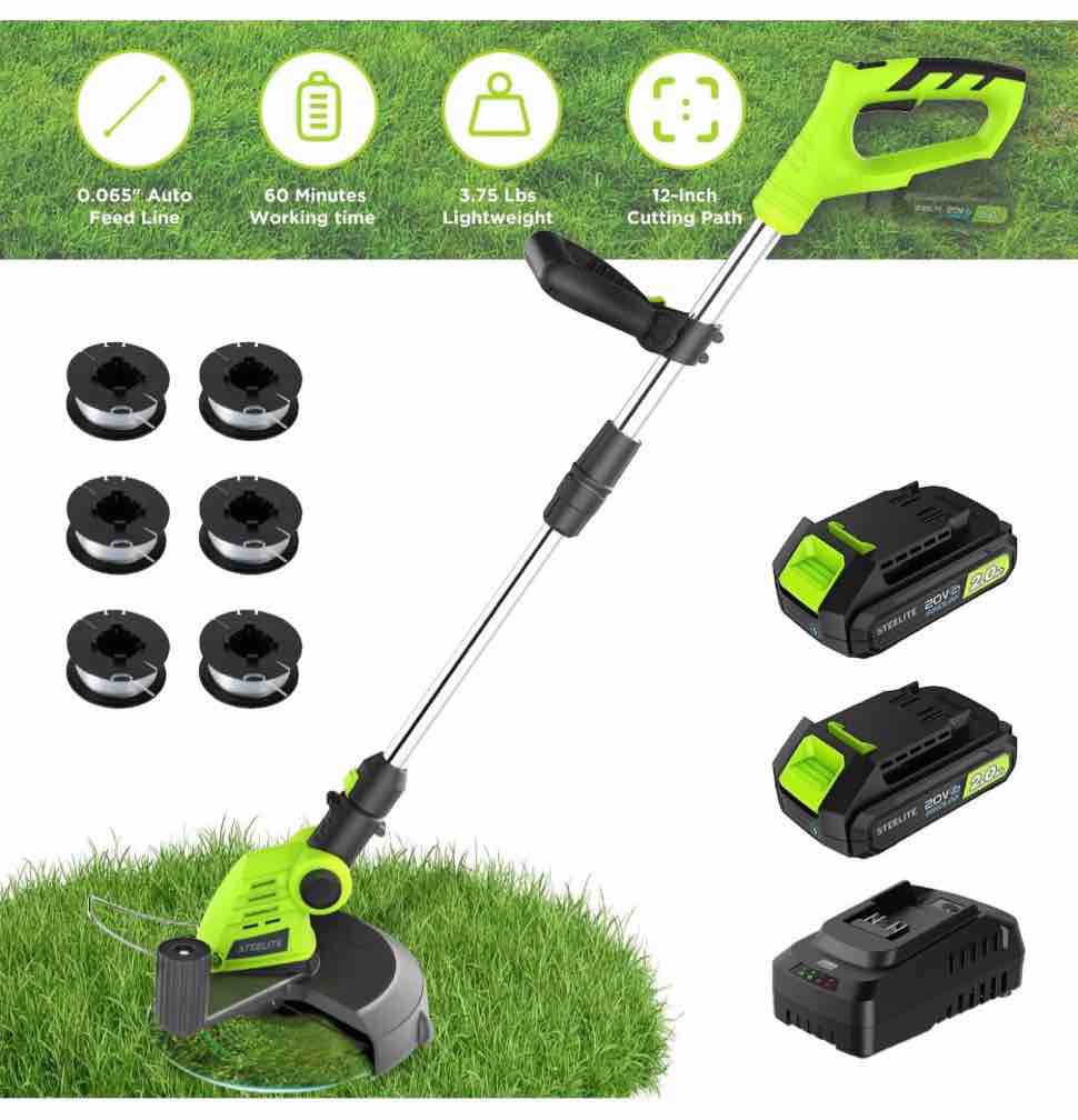 Steelite 12-inch 21V Cordless String Trimmer, Battery Powered Weed Wacker & Lightweight Grass Trimmer with 2 x 2.0Ah Batteries and Charger, Electric Grass Cutter for Lawn Care and Edging
