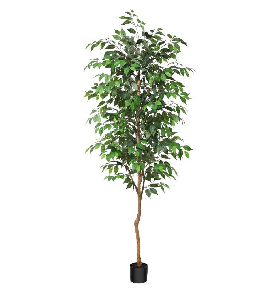 7ft artificial ficus tree with natural wood trunk and lifelike leaves, silk fake potted tree with wood branches, faux tree for office home decor