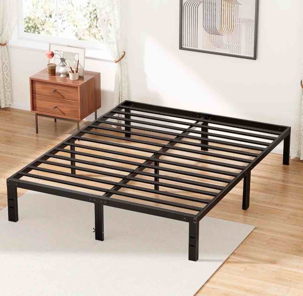 edx 14 inches full bed frame, heavy duty metal platform with storage space under frame, no box spring needed full size bed frame, black