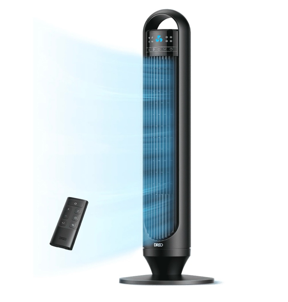 dreo tower fans for home, 32" standing floor fan, 26 ft/s bladeless fan with remote, 90° oscillating, 3 modes, 3 speeds, led display, 8h timer, quiet room fan