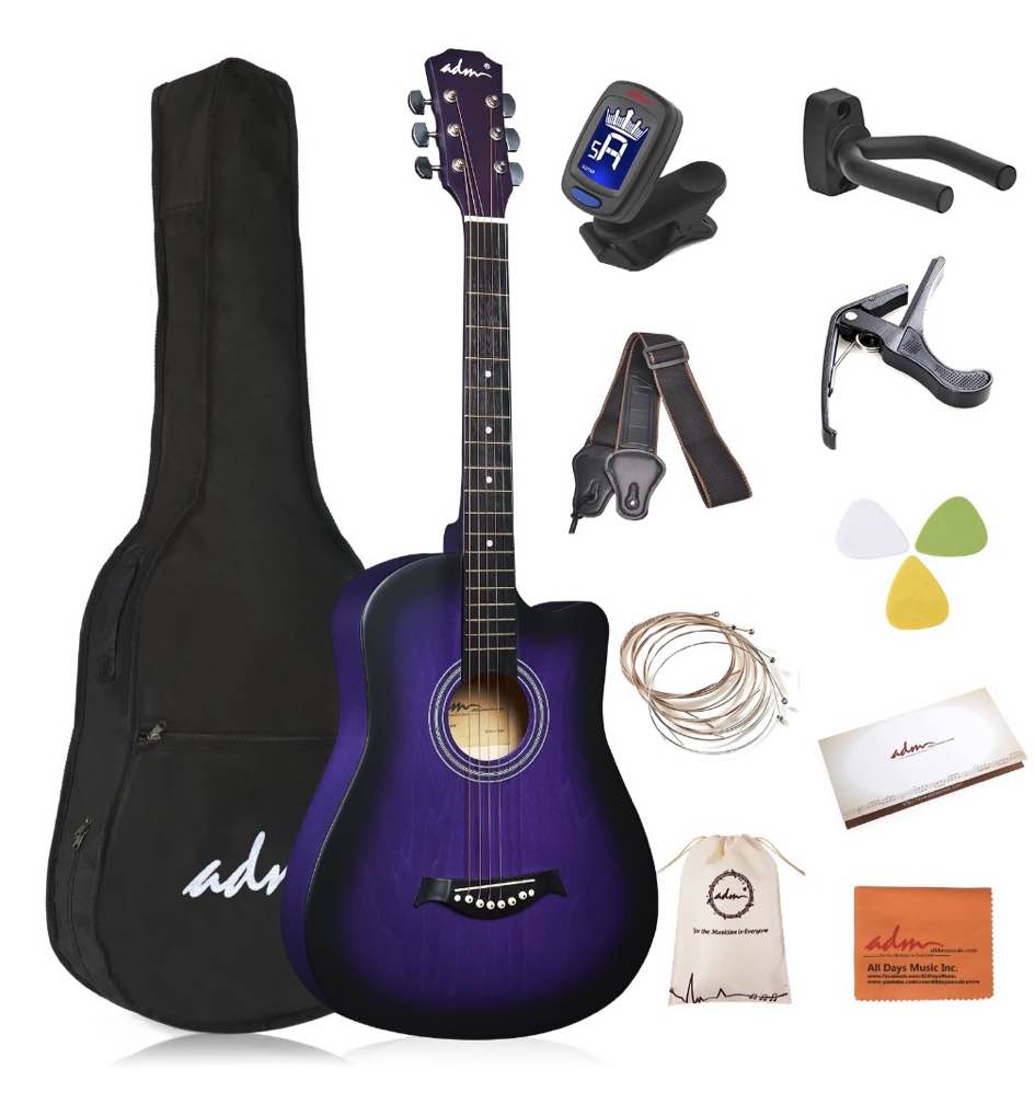 adm 38'' acoustic cutaway guitar for kids beginner kit with free lessons, purple