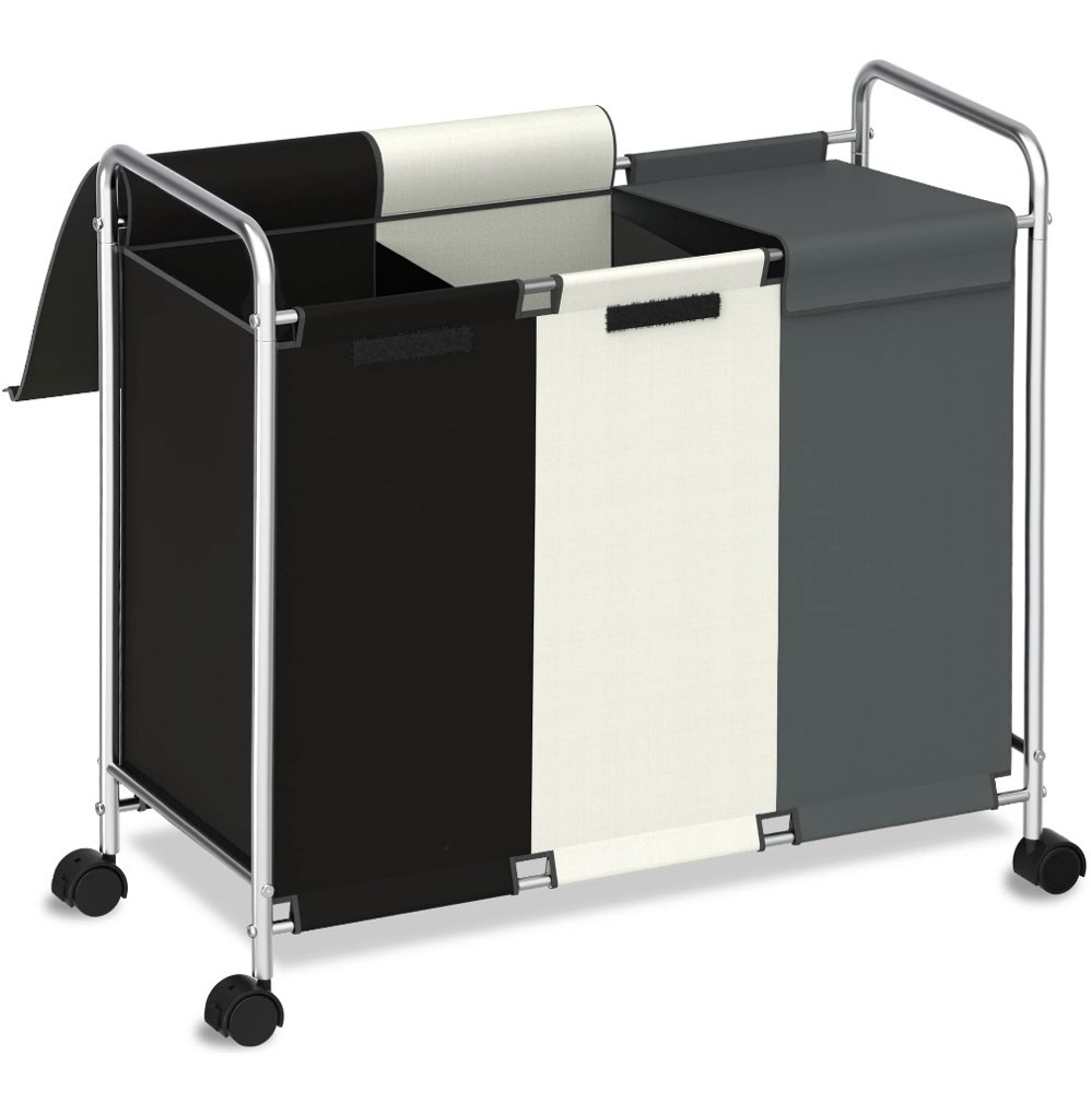 nefoso 3 section laundry hamper with lid and wheels, 150l large laundry basket sorter cart with handle, clothes storage, multicolor