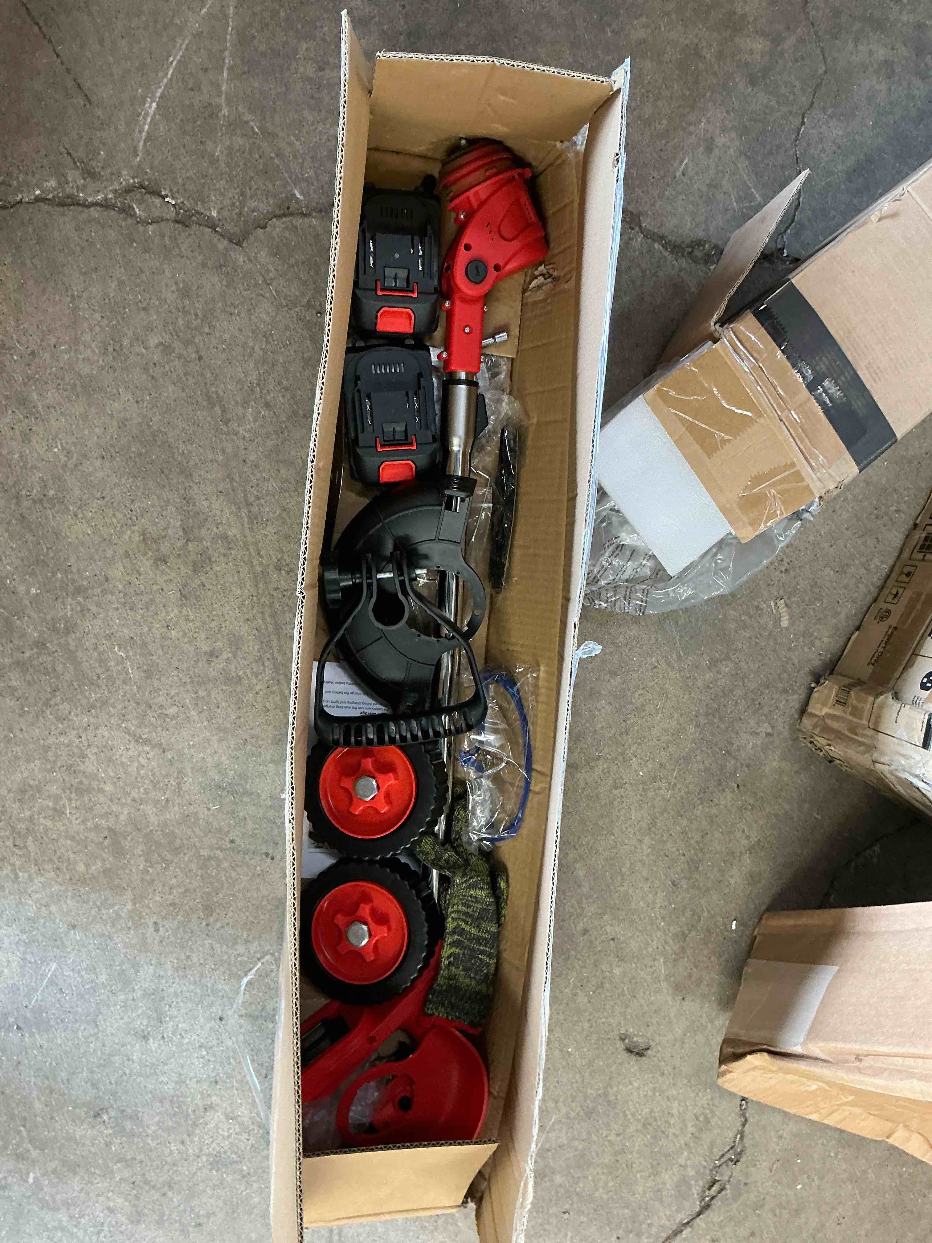 Condition photo showing Good Condition for tntants electric weed wacker, cordless string trimmer with wheels,  2pcs 24v batteries, 3 types of blades, adjustable length, weed eater grass trimmer/edger/brush cutter for lawn yard garden (red)