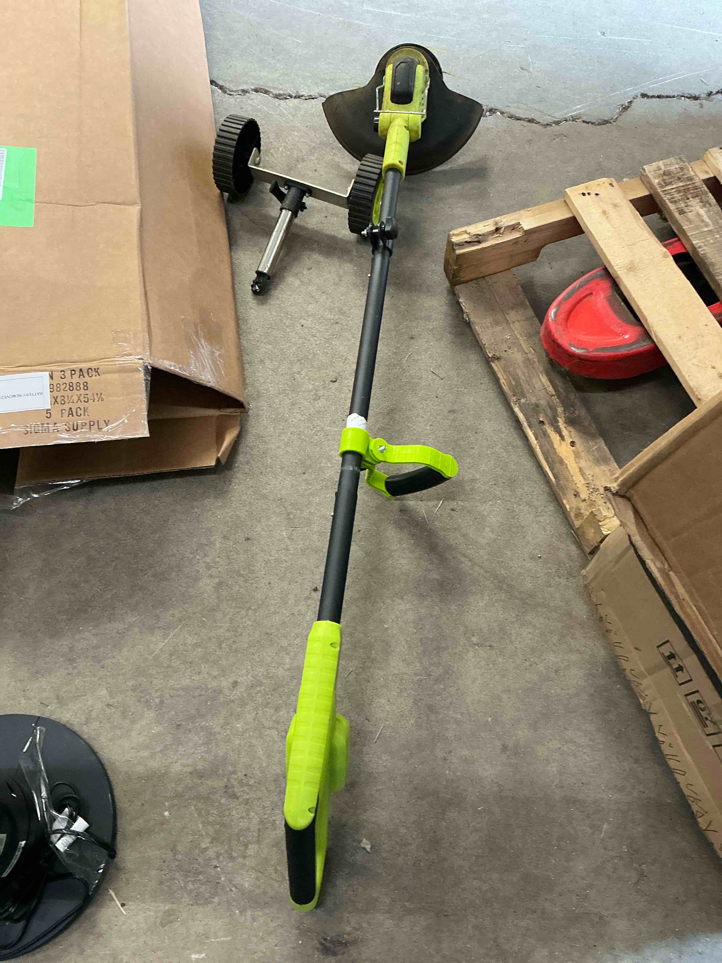 Condition photo showing As Is for weed wacker cordless with wheel, 4 in 1 electric weed eater battery powered brush cutter string trimmer edger, 4000mah stringless weed trimmer lightweight grass trimmer mower, 2 battery and charegr