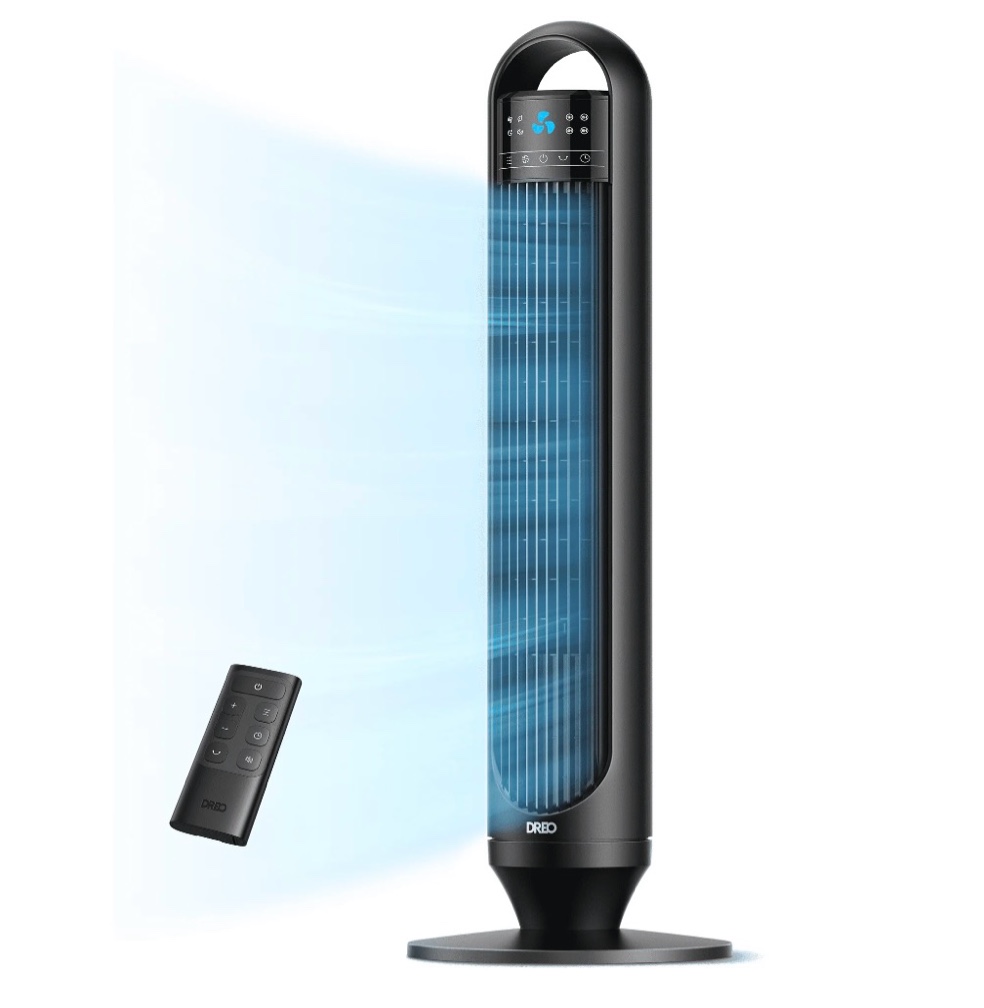 dreo tower fans for home, 32" standing floor fan, 26 ft/s bladeless fan with remote, 90° oscillating, 3 modes, 3 speeds, led display, 8h timer, quiet room fan
