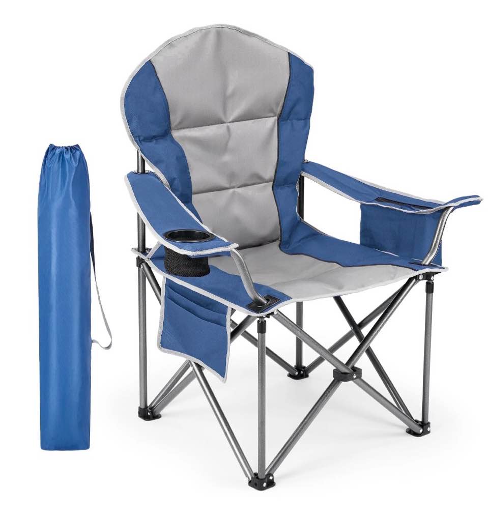 edx oversized camping folding chair, heavy duty padded chair with cup holder storage and cooler bag, 500 lbs steel frame, portable for outdoor,blue gray