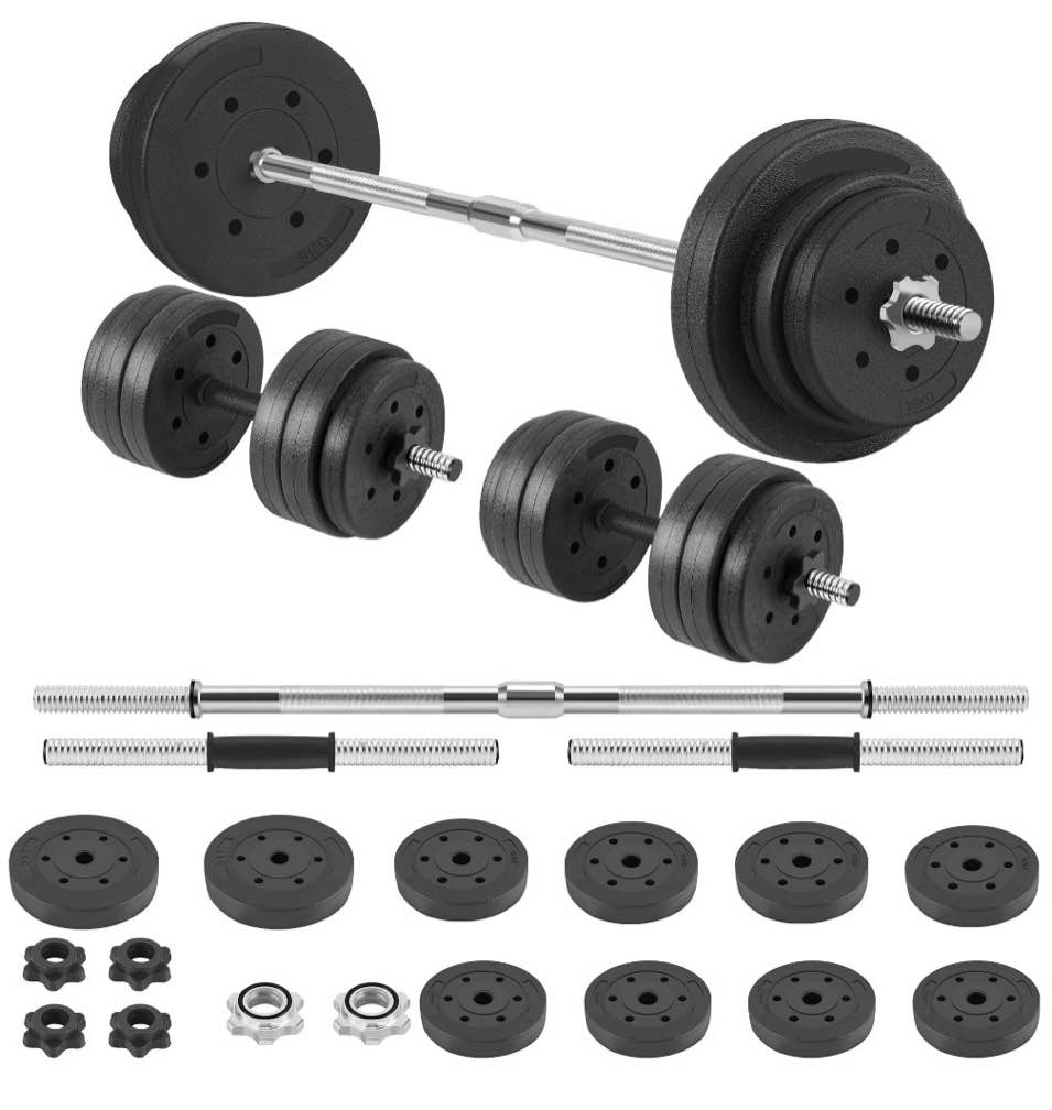 fixtech 66lb 2 in 1 olympic adjustable weight set with straight bar as barbell for family fitness black