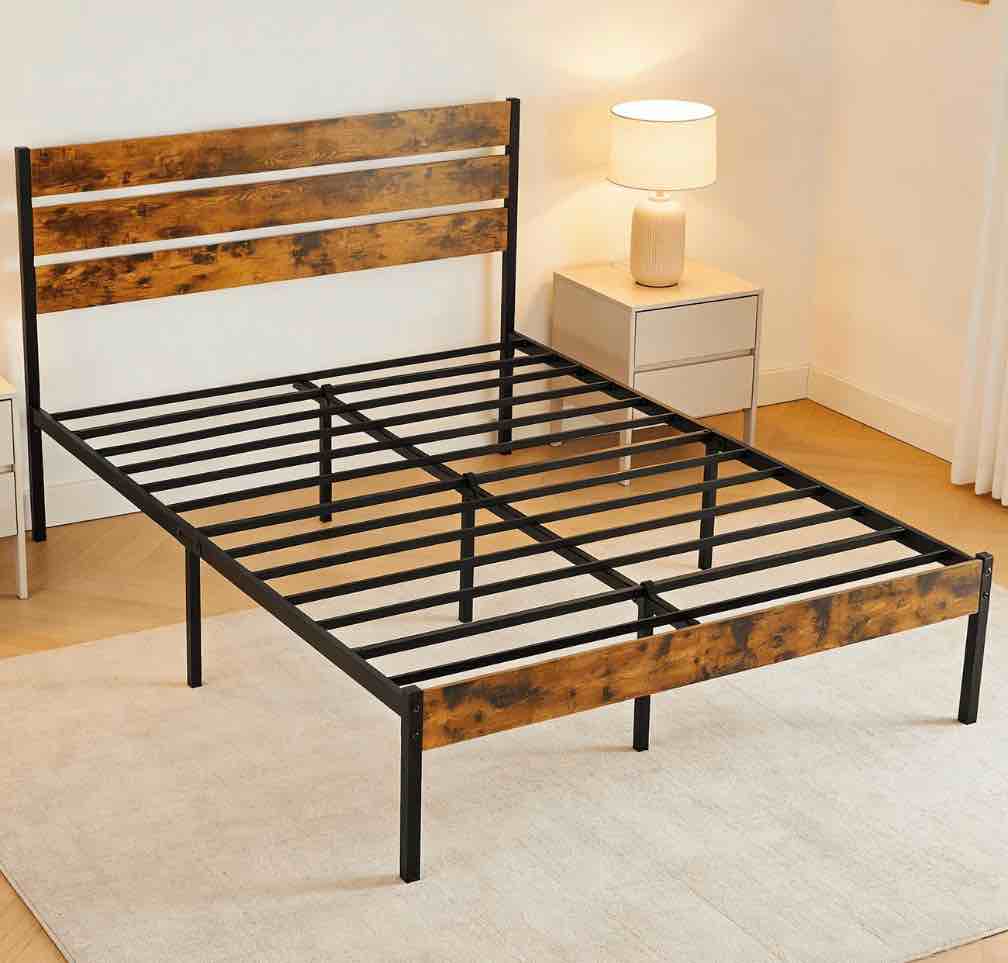 edx queen size metal bed frame with wooden headboard, under bed storage, 800lbs support, noise-free, no box spring needed, easy assembly, brown